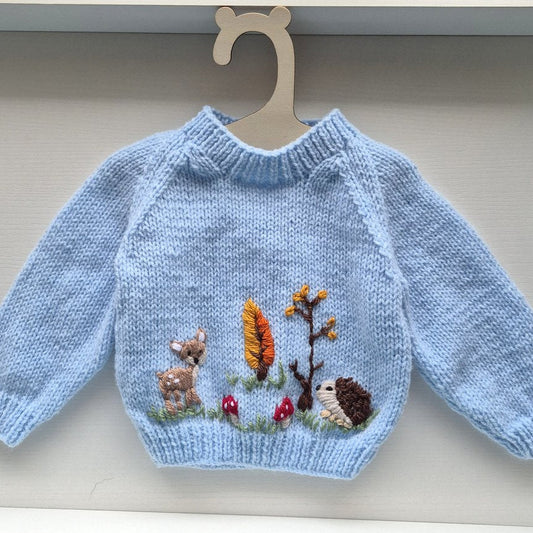 0-3 months Embroidered Blue Baby Jumper  (Ready to Send) Embroidered hedgehog, deer and mushrooms. Baby Shower gift.
