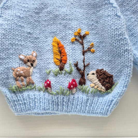 0-3 months Embroidered Blue Baby Jumper  (Ready to Send) Embroidered hedgehog, deer and mushrooms. Baby Shower gift.
