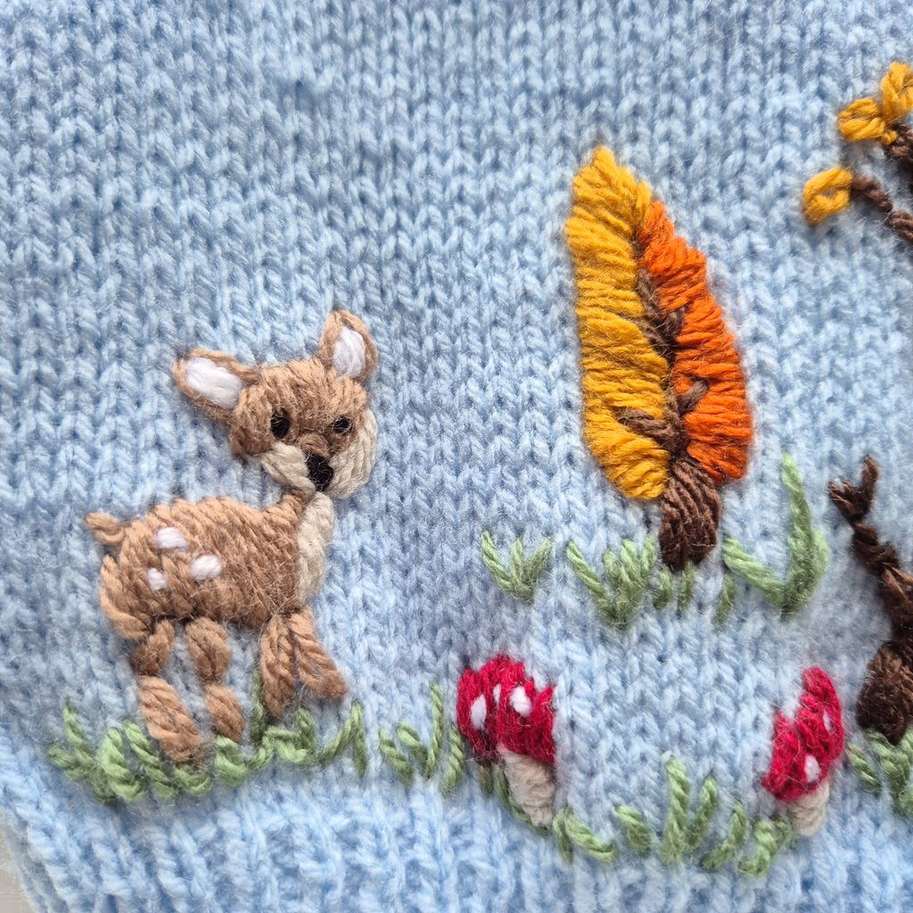 0-3 months Embroidered Blue Baby Jumper  (Ready to Send) Embroidered hedgehog, deer and mushrooms. Baby Shower gift.