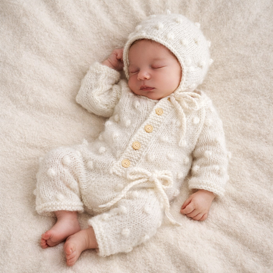 Newborn baby sleeping in a white knitted outfit on a soft beige blanket. Handknit Baby Long Sleeve Pajama Romper & Bonnet Set: Cream Alpaca wool Newborn Photo Prop