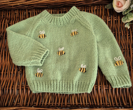 0-3 months Handmade Knitted Bright Sage Green Baby Jumper with embroidered Bumble Bees   (Ready to Send)
