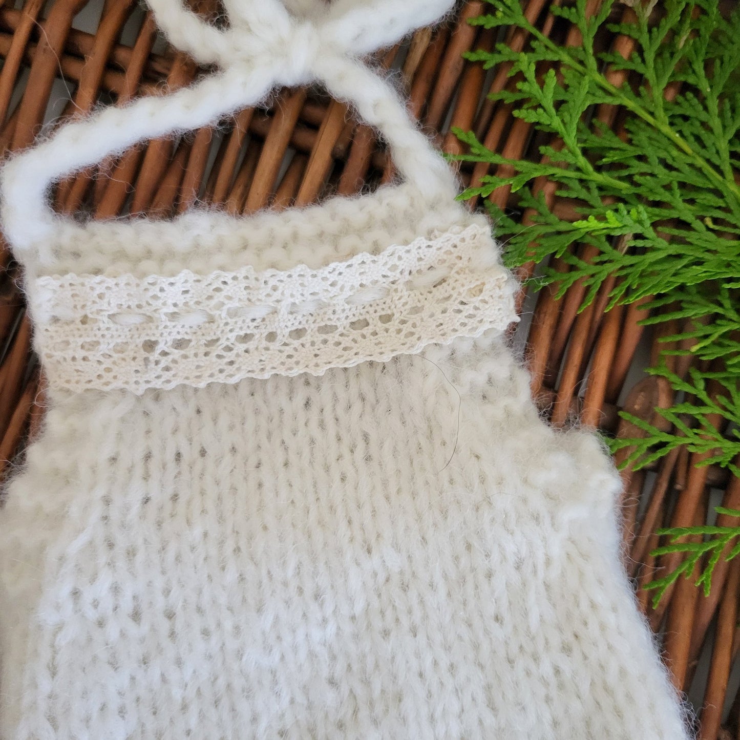 Cream Knit Alpaca romper with halterneck ties, and vintage lace for a newborn baby girl  (Ready to Send)