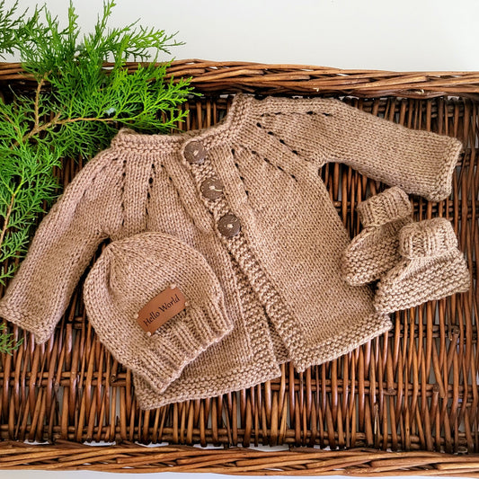 handknit brown baby jumper booties and hat set for a baby boy gift 
