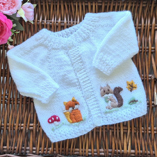 0-3 months Handmade Knitted White Baby Cardigan with Embroidered Fox and Squirrel (Ready to Send) Baby shower gift