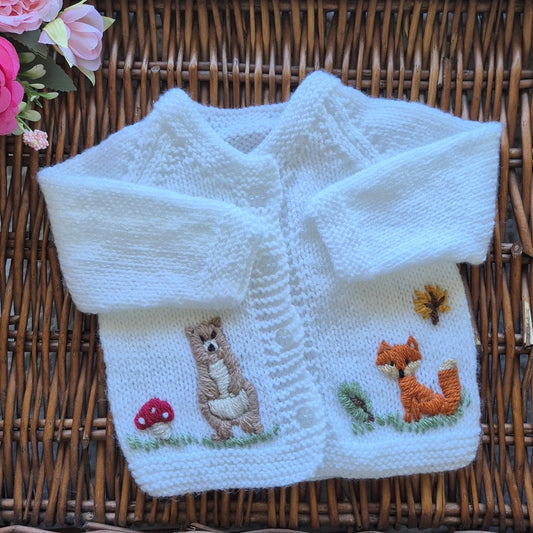 0-3 months Handmade Knitted White Baby Cardigan with Embroidered Fox and Brown Bear (Ready to Send) Baby shower gift