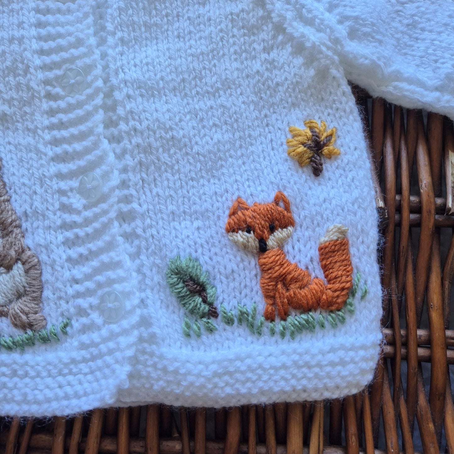 0-3 months Handmade Knitted White Baby Cardigan with Embroidered Fox and Brown Bear (Ready to Send) Baby shower gift
