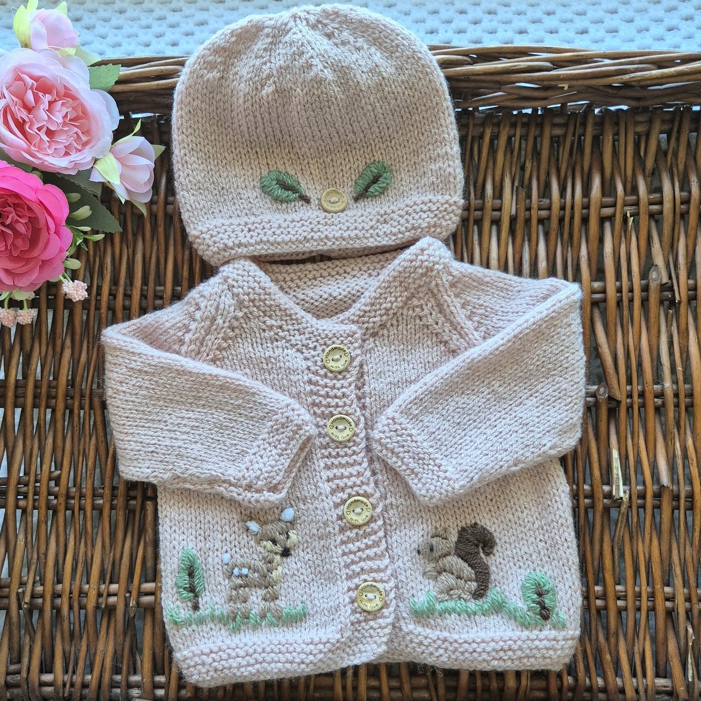 0-3 months Handmade Knitted Pink Baby Cardigan and hat set with Embroidered Squirrel and Deer (Ready to Send) Baby shower gift