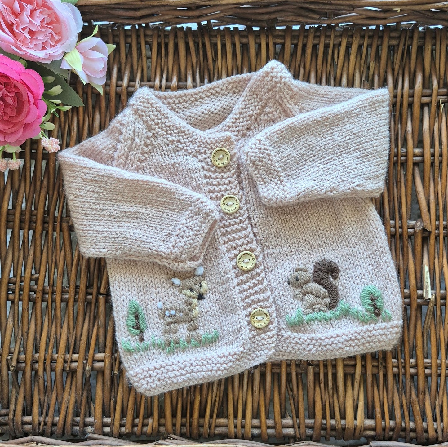 0-3 months Handmade Knitted Pink Baby Cardigan and hat set with Embroidered Squirrel and Deer (Ready to Send) Baby shower gift