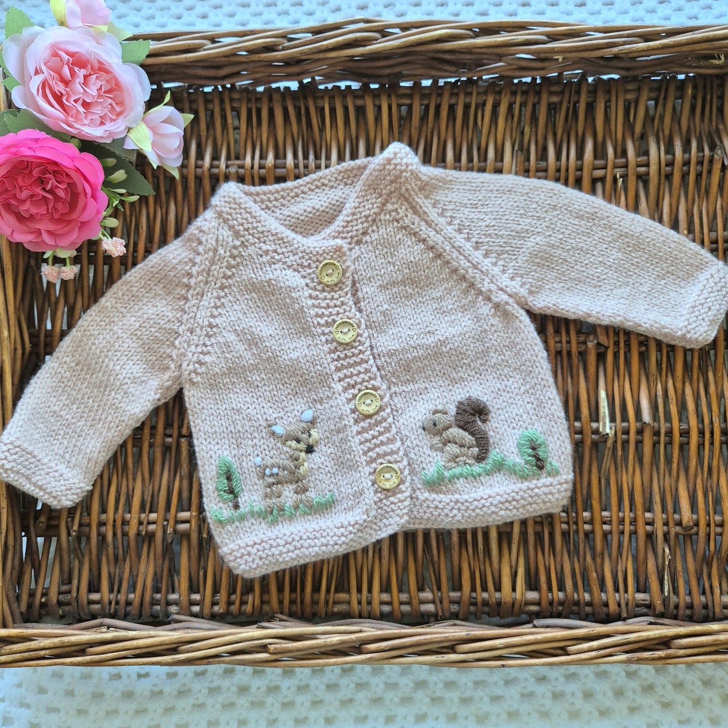 0-3 months Handmade Knitted Pink Baby Cardigan and hat set with Embroidered Squirrel and Deer (Ready to Send) Baby shower gift