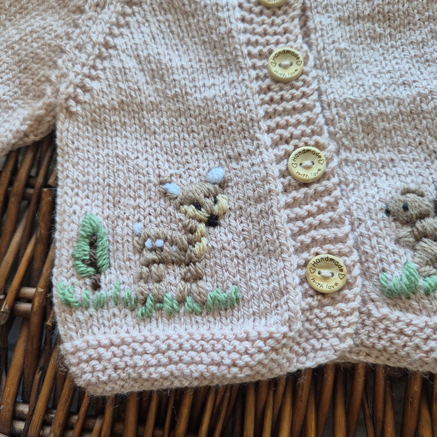 0-3 months Handmade Knitted Pink Baby Cardigan and hat set with Embroidered Squirrel and Deer (Ready to Send) Baby shower gift