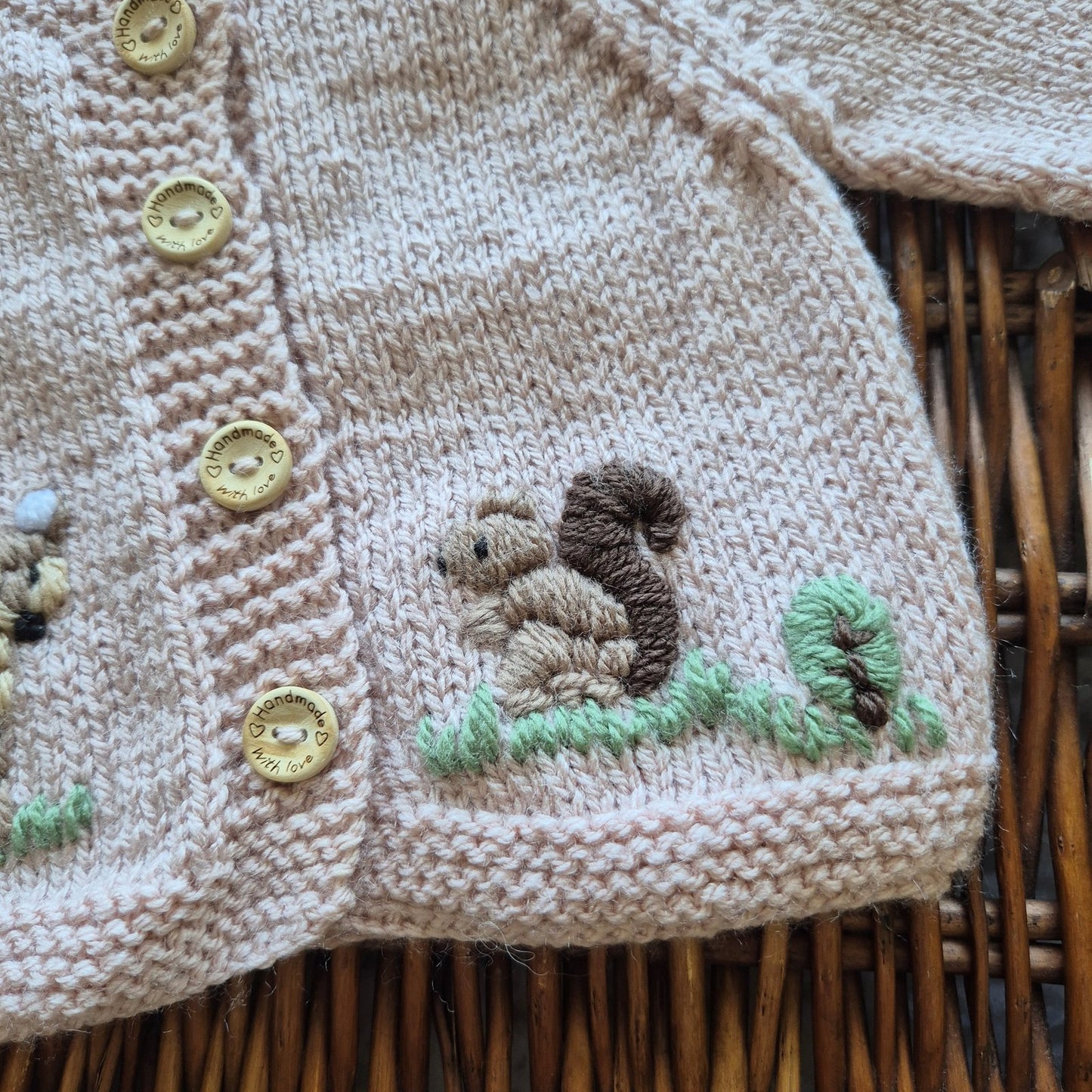 0-3 months Handmade Knitted Pink Baby Cardigan and hat set with Embroidered Squirrel and Deer (Ready to Send) Baby shower gift