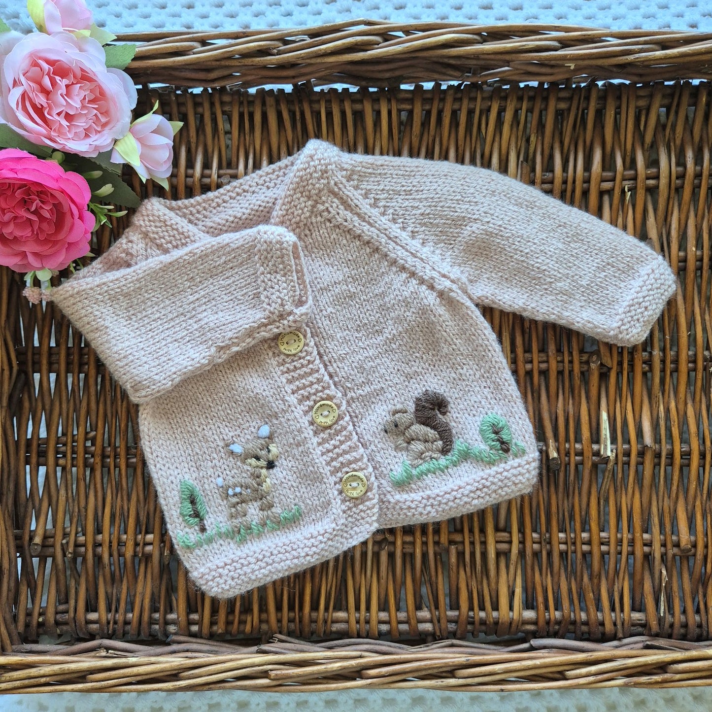 0-3 months Handmade Knitted Pink Baby Cardigan and hat set with Embroidered Squirrel and Deer (Ready to Send) Baby shower gift
