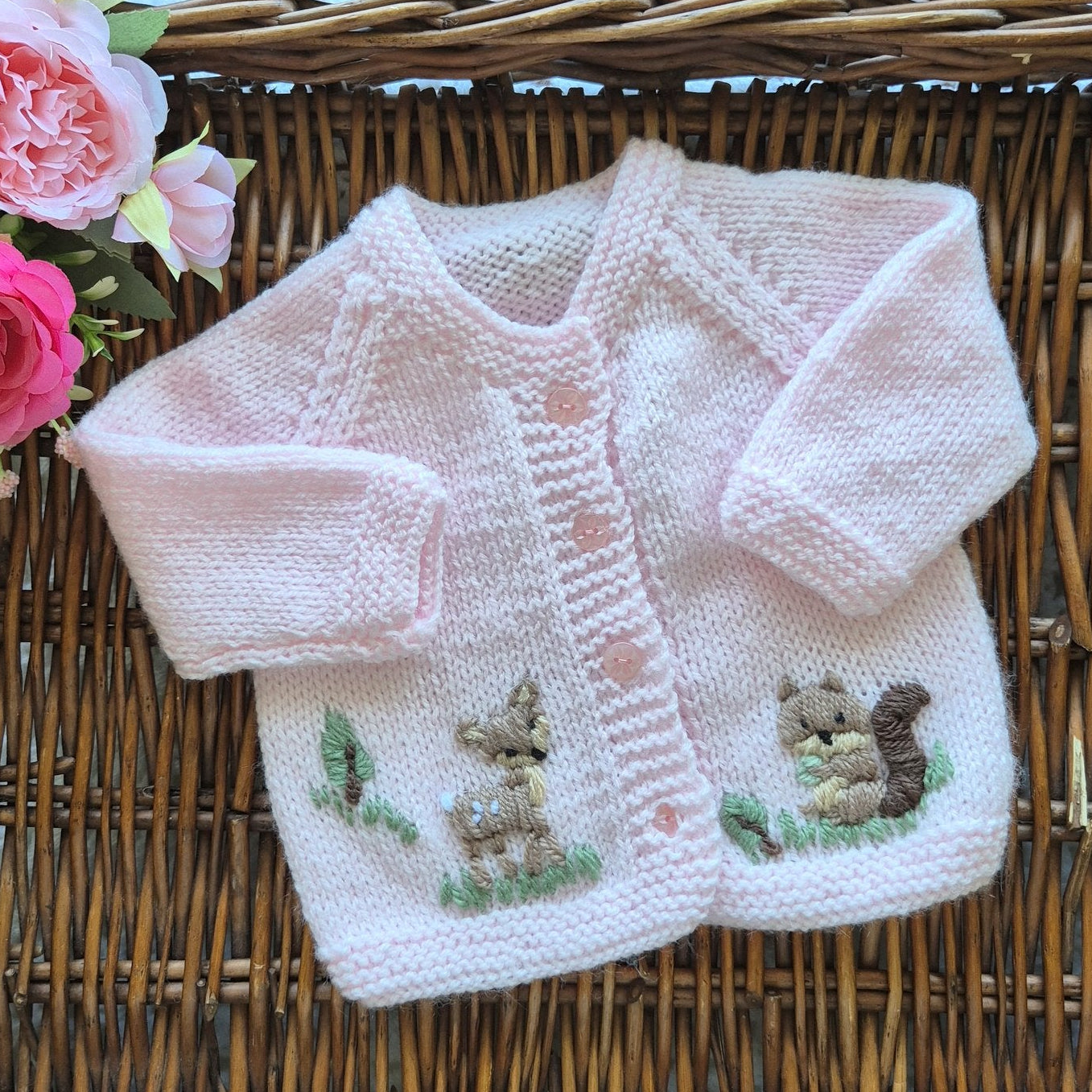 0-3 months Handmade Knitted Pink Baby Cardigan with Embroidered Deer and Squirrel (Ready to Send) Baby shower gift