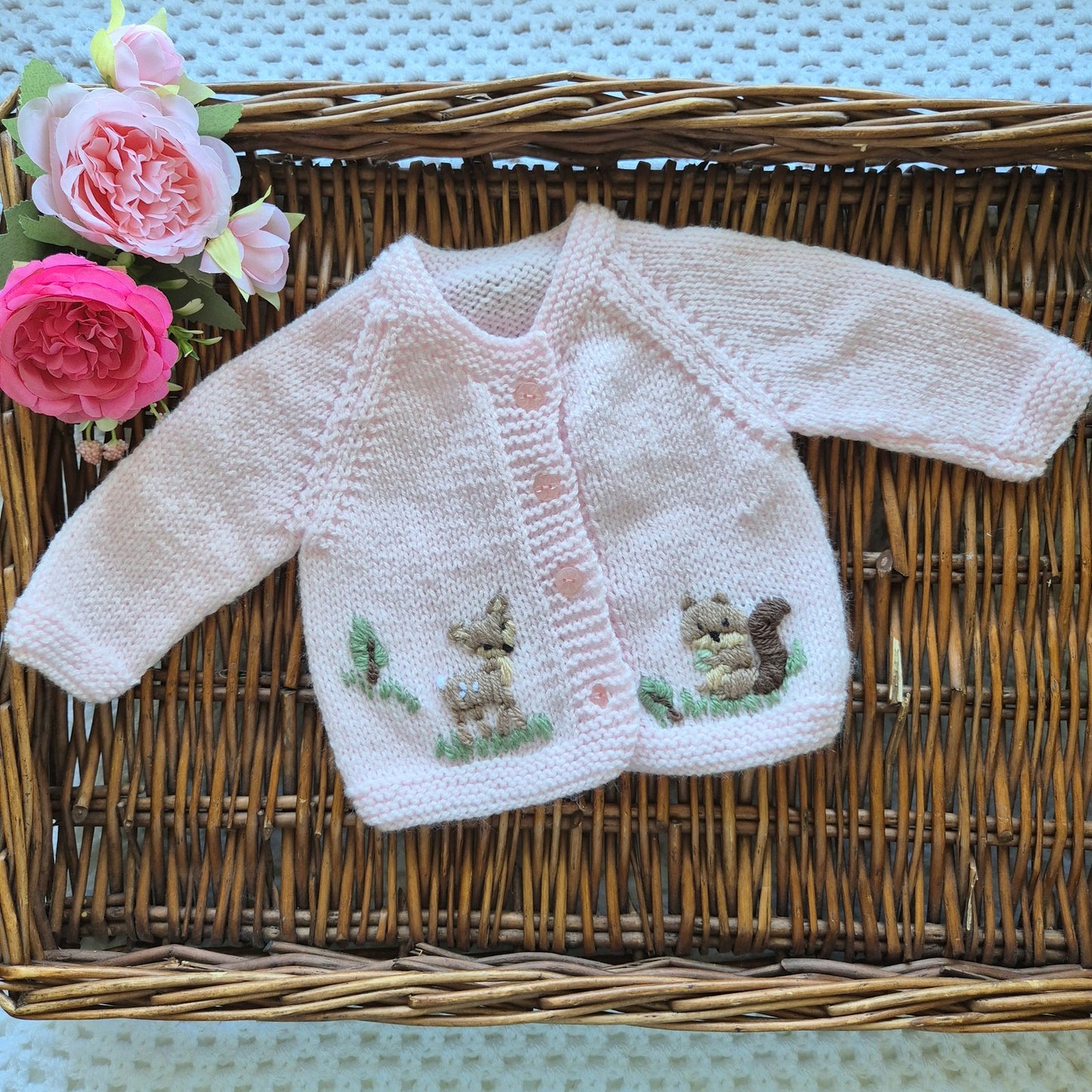 0-3 months Handmade Knitted Pink Baby Cardigan with Embroidered Deer and Squirrel (Ready to Send) Baby shower gift