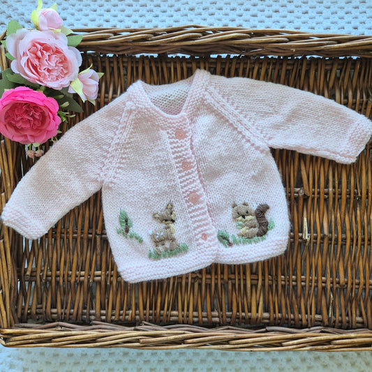 0-3 months Handmade Knitted Pink Baby Cardigan with Embroidered Deer and Squirrel (Ready to Send) Baby shower gift