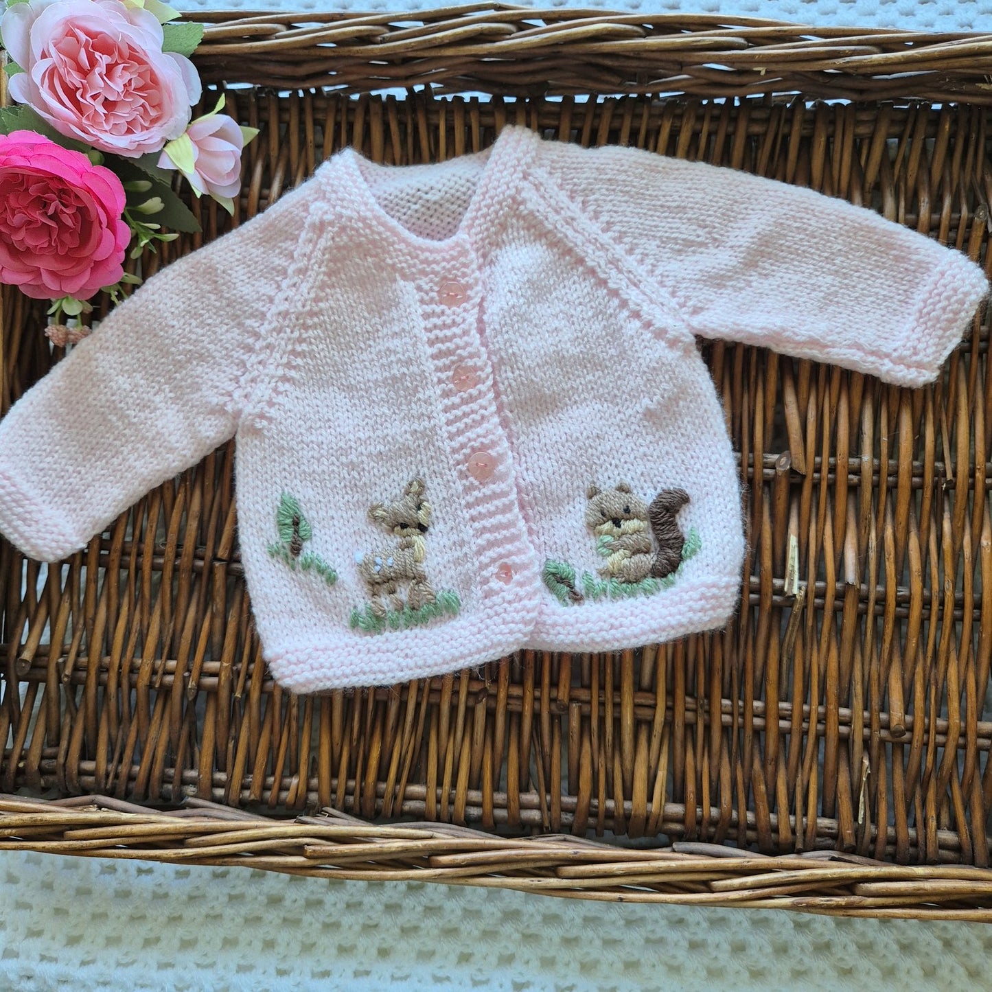 0-3 months Handmade Knitted Pink Baby Cardigan with Embroidered Deer and Squirrel (Ready to Send) Baby shower gift