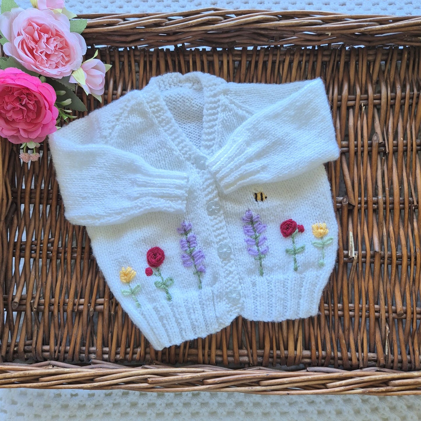 0-3 months Handmade Knitted White Sparkle Baby Cardigan with Embroidered Flowers (Ready to Send) Baby shower gift