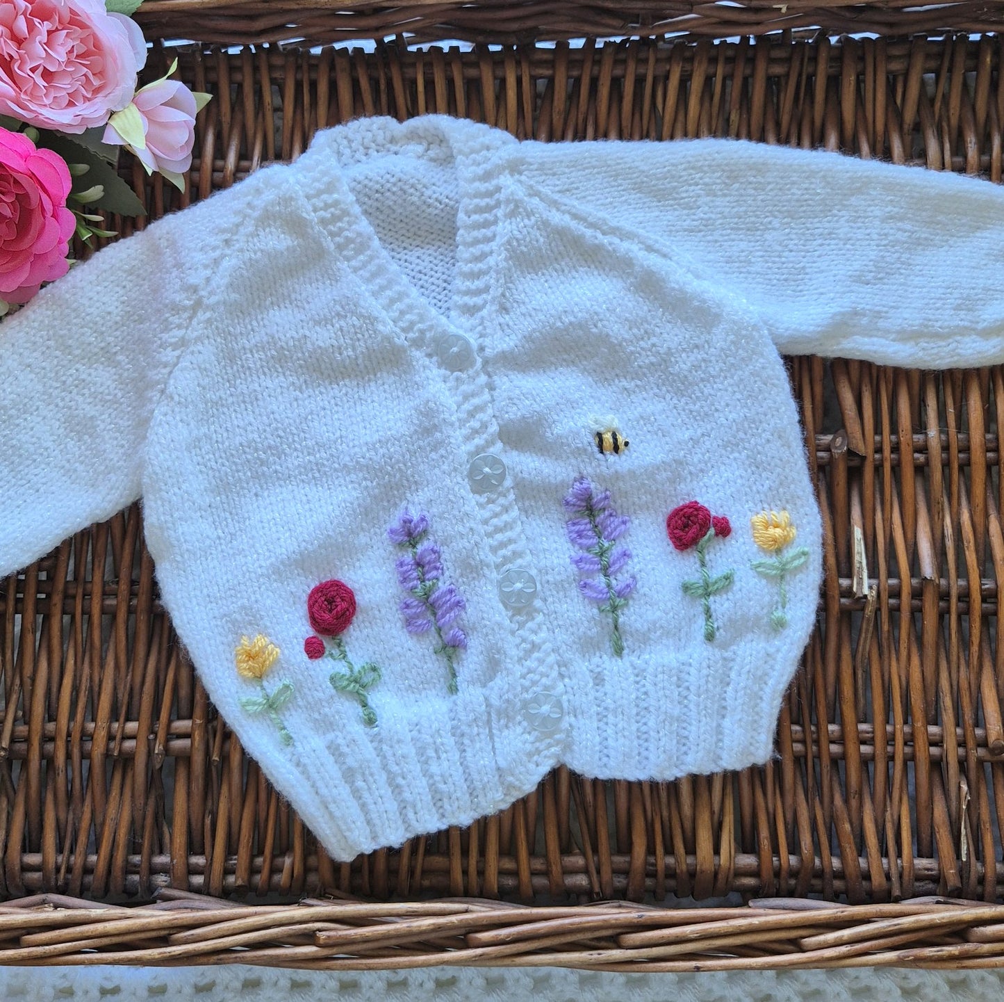 0-3 months Handmade Knitted White Sparkle Baby Cardigan with Embroidered Flowers (Ready to Send) Baby shower gift