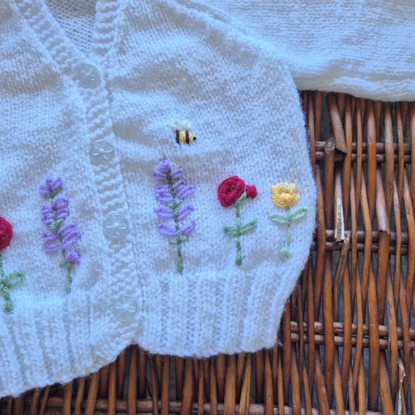 0-3 months Handmade Knitted White Sparkle Baby Cardigan with Embroidered Flowers (Ready to Send) Baby shower gift