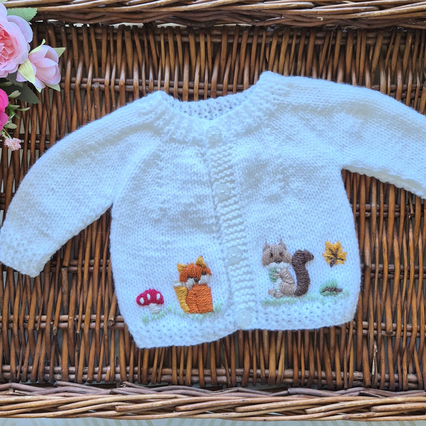 0-3 months Handmade Knitted White Baby Cardigan with Embroidered Fox and Squirrel (Ready to Send) Baby shower gift