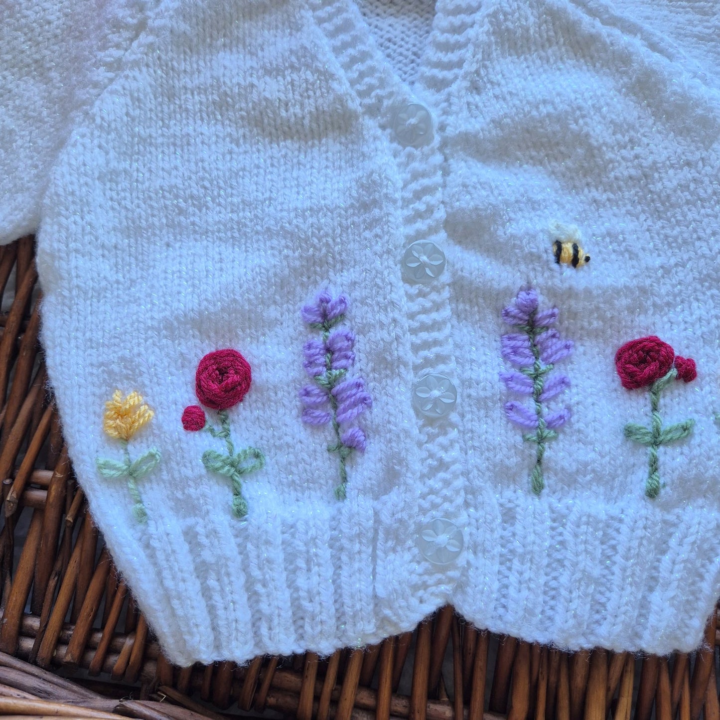 0-3 months Handmade Knitted White Sparkle Baby Cardigan with Embroidered Flowers (Ready to Send) Baby shower gift