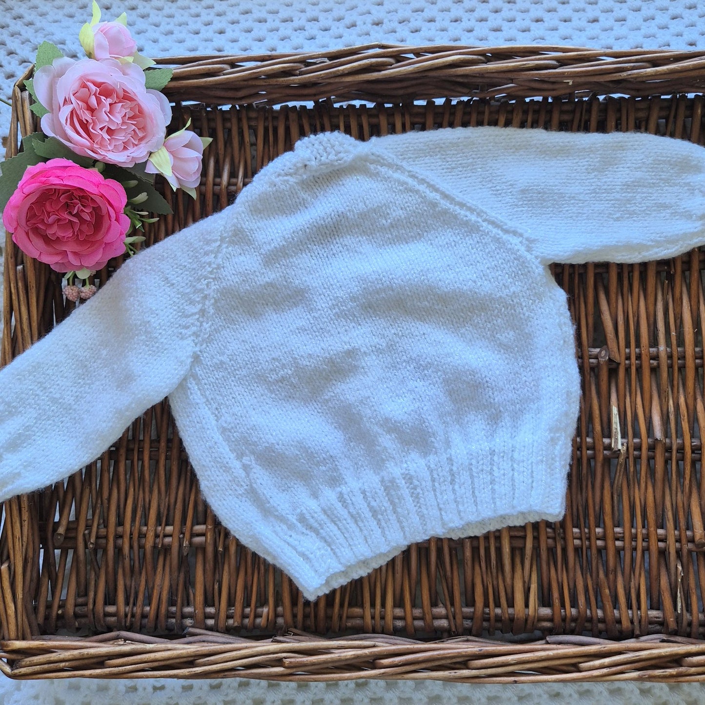 0-3 months Handmade Knitted White Sparkle Baby Cardigan with Embroidered Flowers (Ready to Send) Baby shower gift