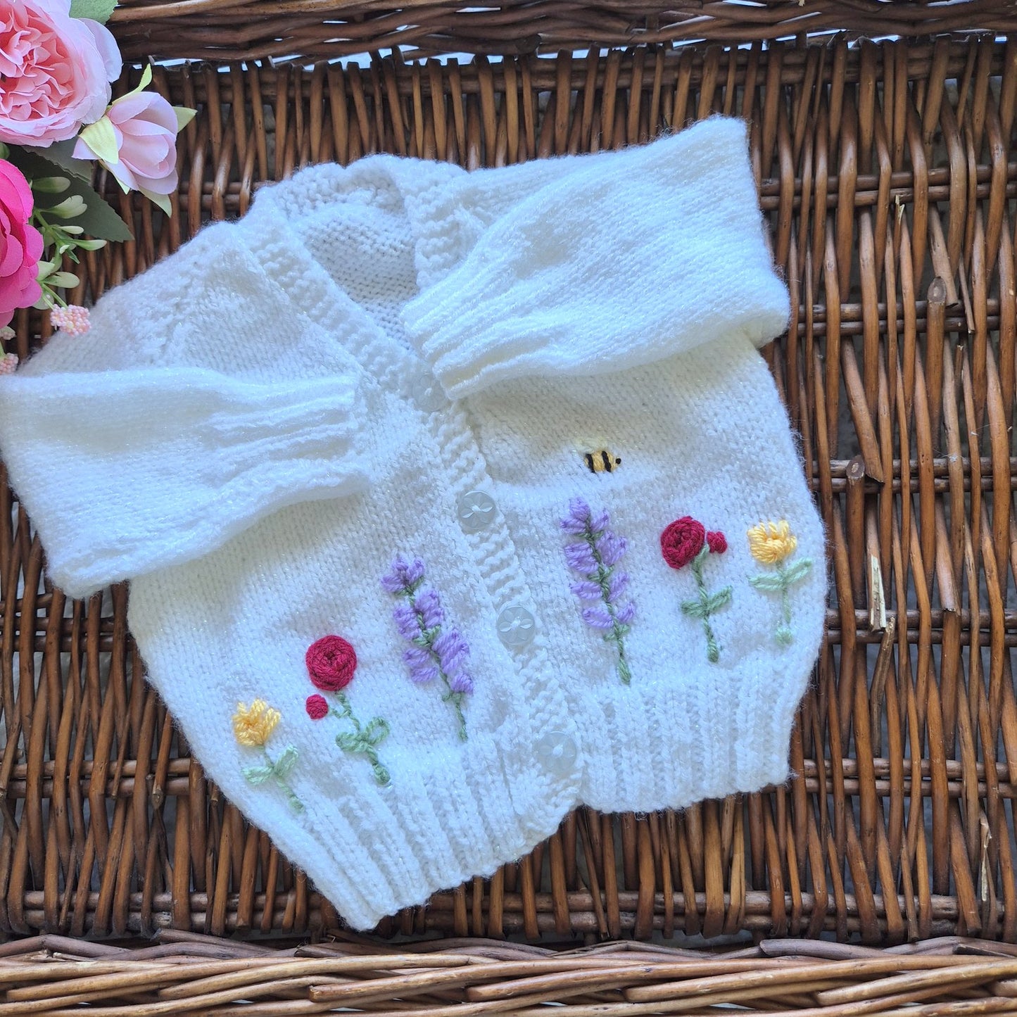 0-3 months Handmade Knitted White Sparkle Baby Cardigan with Embroidered Flowers (Ready to Send) Baby shower gift
