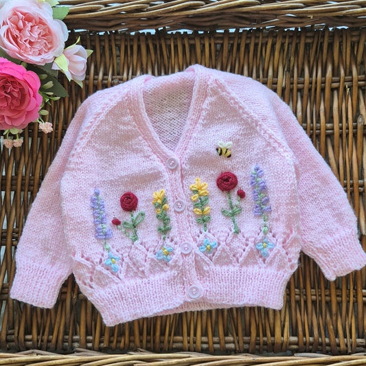 0-3 months Handmade Knitted Pink Baby Cardigan with Embroidered Flowers (Ready to Send) Baby shower gift
