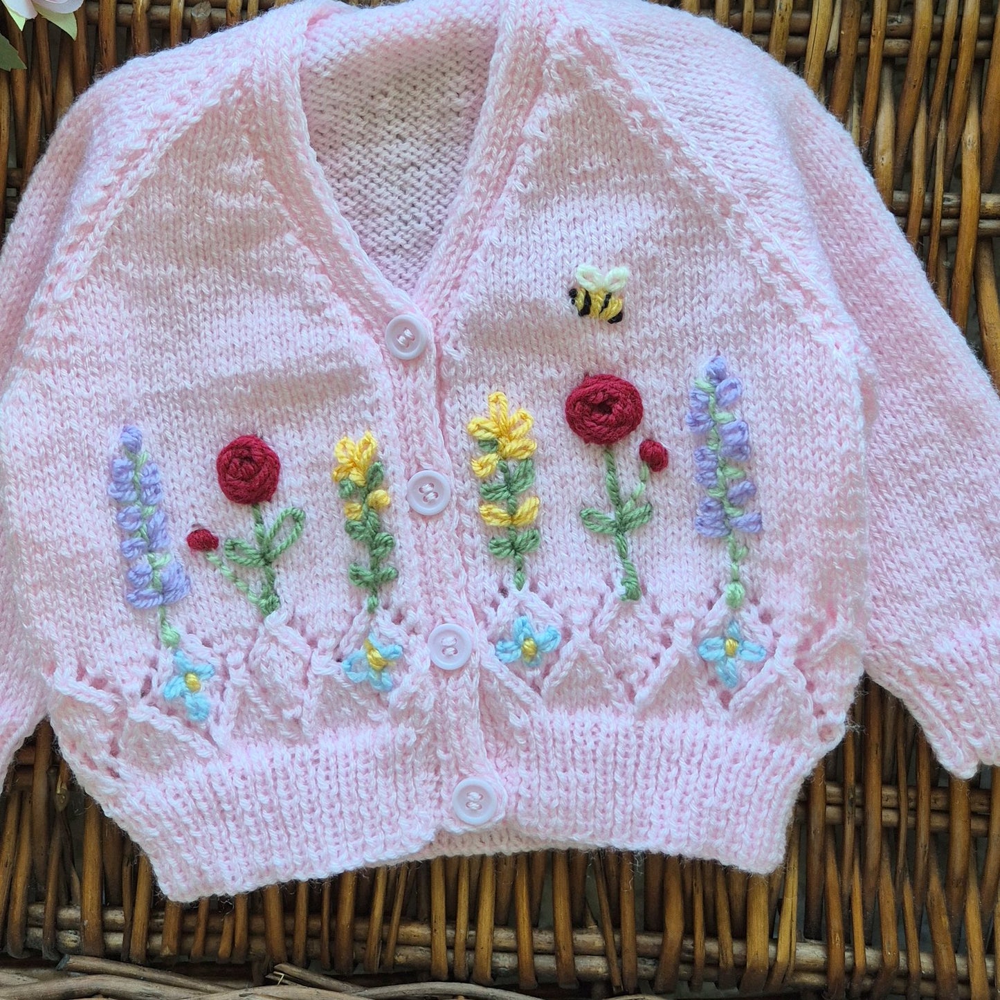 0-3 months Handmade Knitted Pink Baby Cardigan with Embroidered Flowers (Ready to Send) Baby shower gift