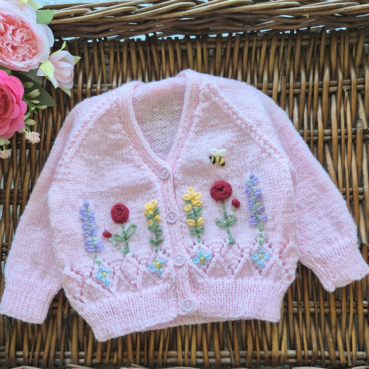 0-3 months Handmade Knitted Pink Baby Cardigan with Embroidered Flowers (Ready to Send) Baby shower gift