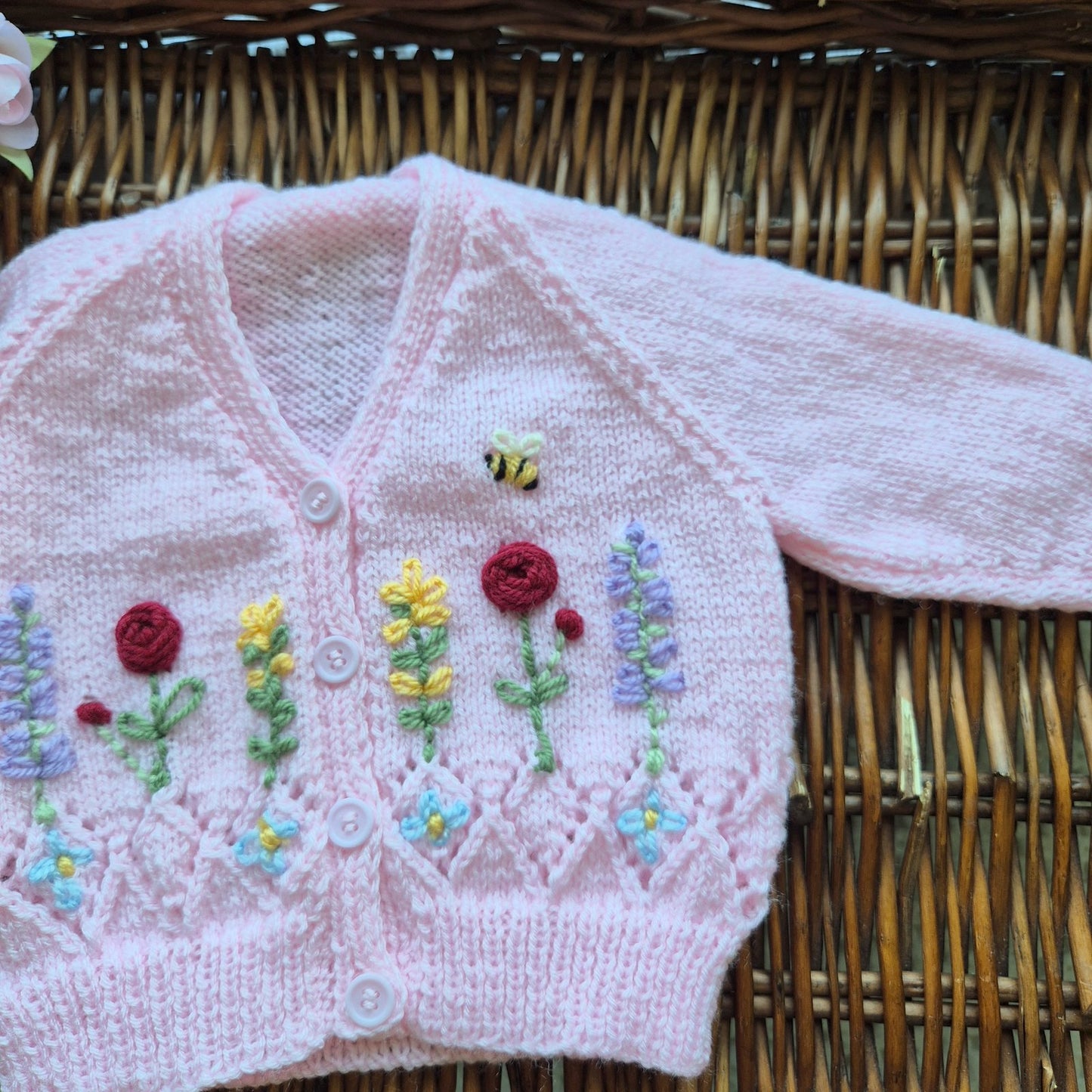 0-3 months Handmade Knitted Pink Baby Cardigan with Embroidered Flowers (Ready to Send) Baby shower gift