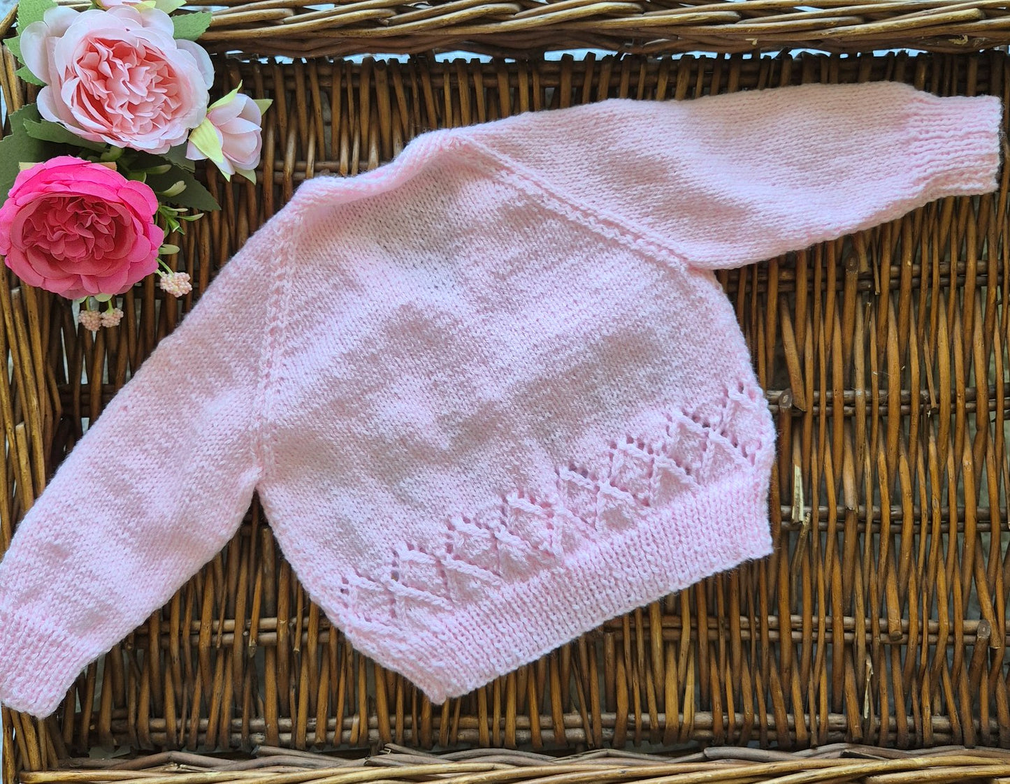 0-3 months Handmade Knitted Pink Baby Cardigan with Embroidered Flowers (Ready to Send) Baby shower gift