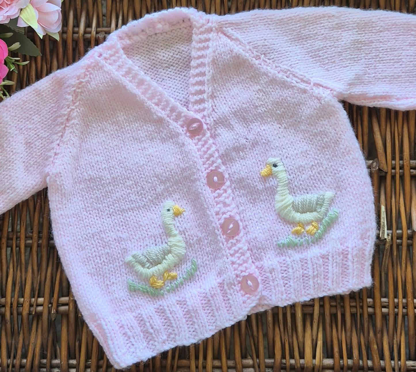 0-3 months Handmade Knitted Pink Baby Cardigan with Embroidered Goose /Ducks (Ready to Send) Baby shower gift