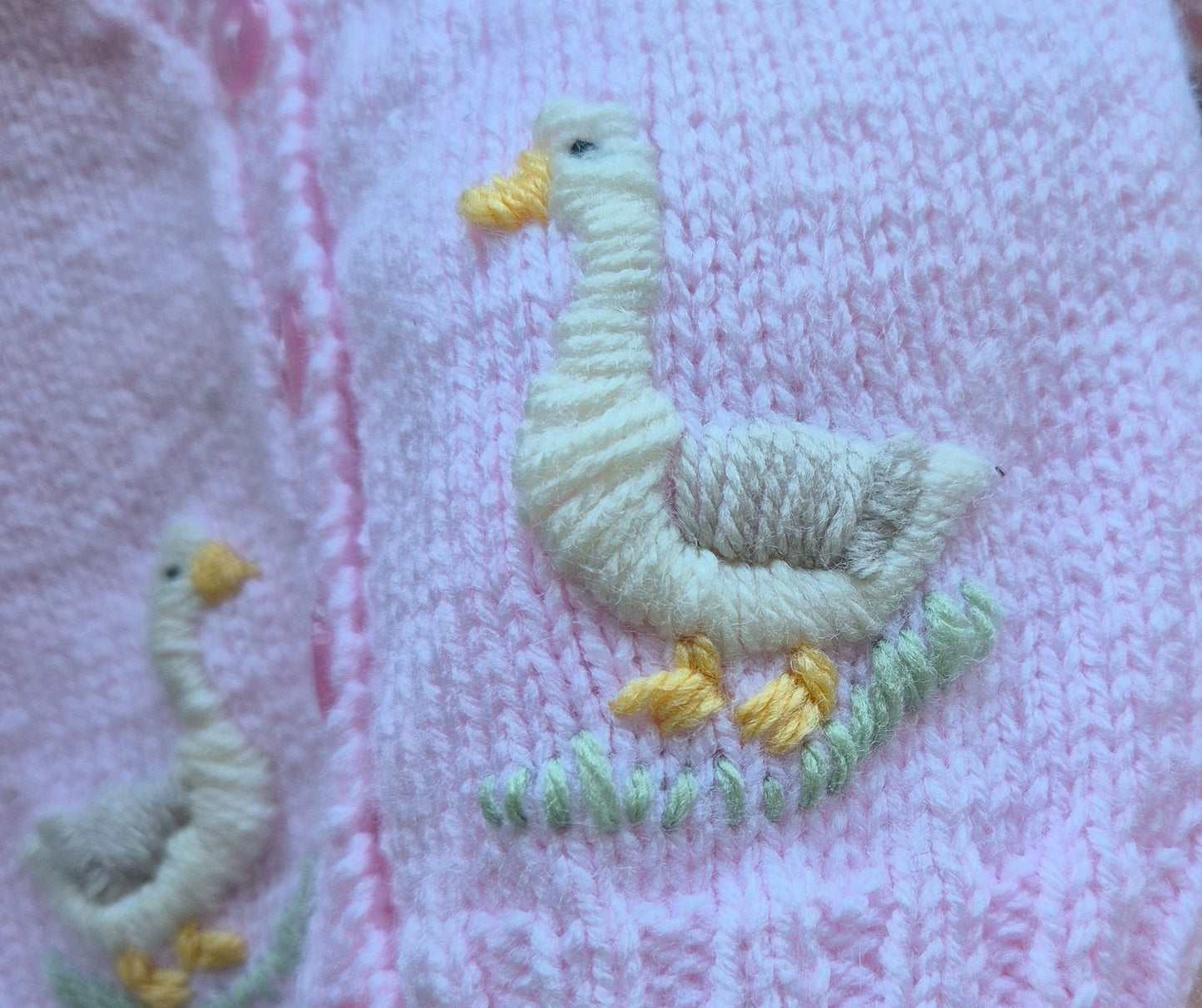 0-3 months Handmade Knitted Pink Baby Cardigan with Embroidered Goose /Ducks (Ready to Send) Baby shower gift