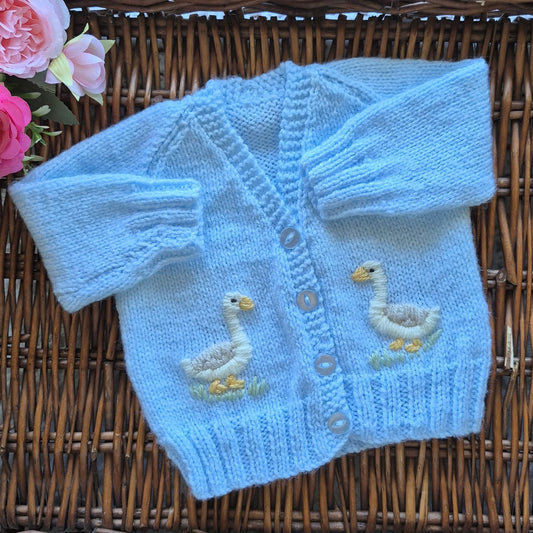0-3 months Handmade Knitted Blue Baby Cardigan with Embroidered Goose /Ducks (Ready to Send) Baby shower gift