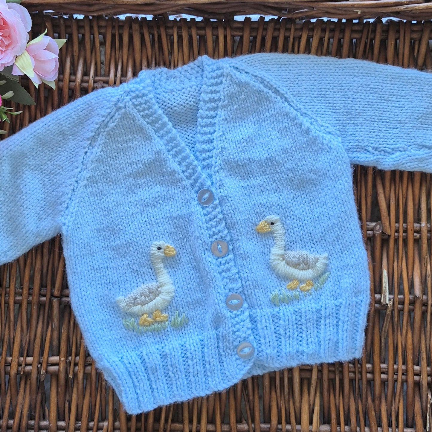 0-3 months Handmade Knitted Blue Baby Cardigan with Embroidered Goose /Ducks (Ready to Send) Baby shower gift