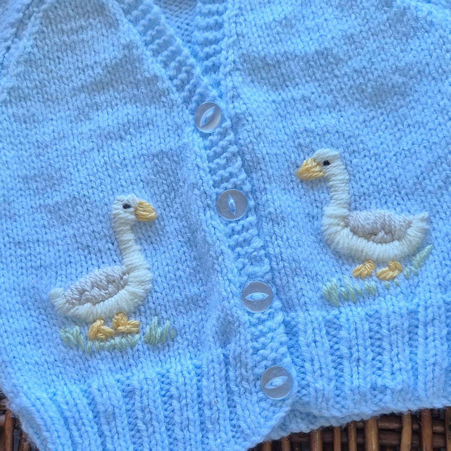 0-3 months Handmade Knitted Blue Baby Cardigan with Embroidered Goose /Ducks (Ready to Send) Baby shower gift