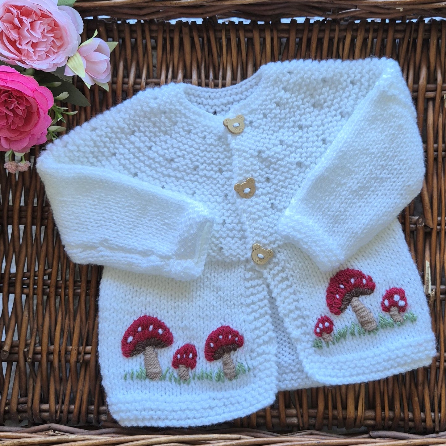 0-6 months Handmade Knitted White Baby Cardigan with Embroidered Toadstools  (Ready to Send) Baby shower gift
