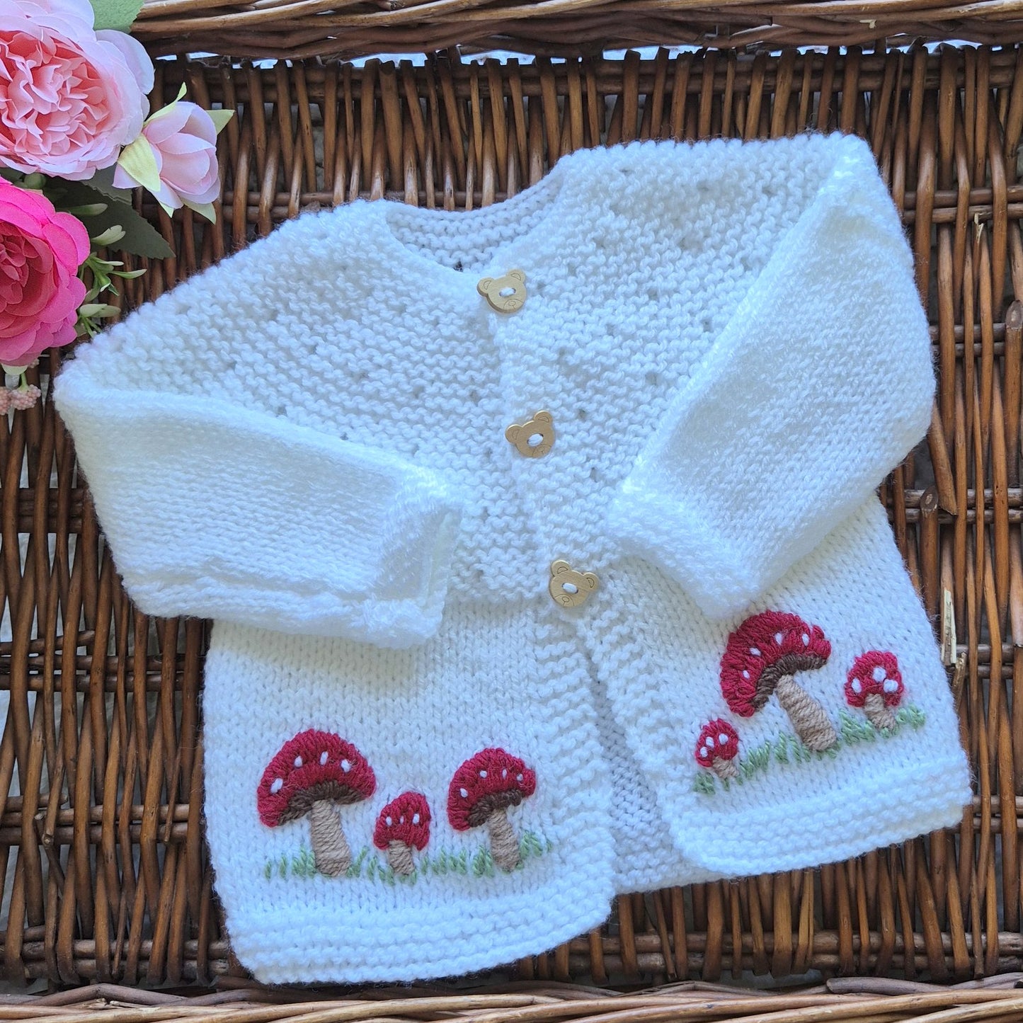 0-6 months Handmade Knitted White Baby Cardigan with Embroidered Toadstools  (Ready to Send) Baby shower gift