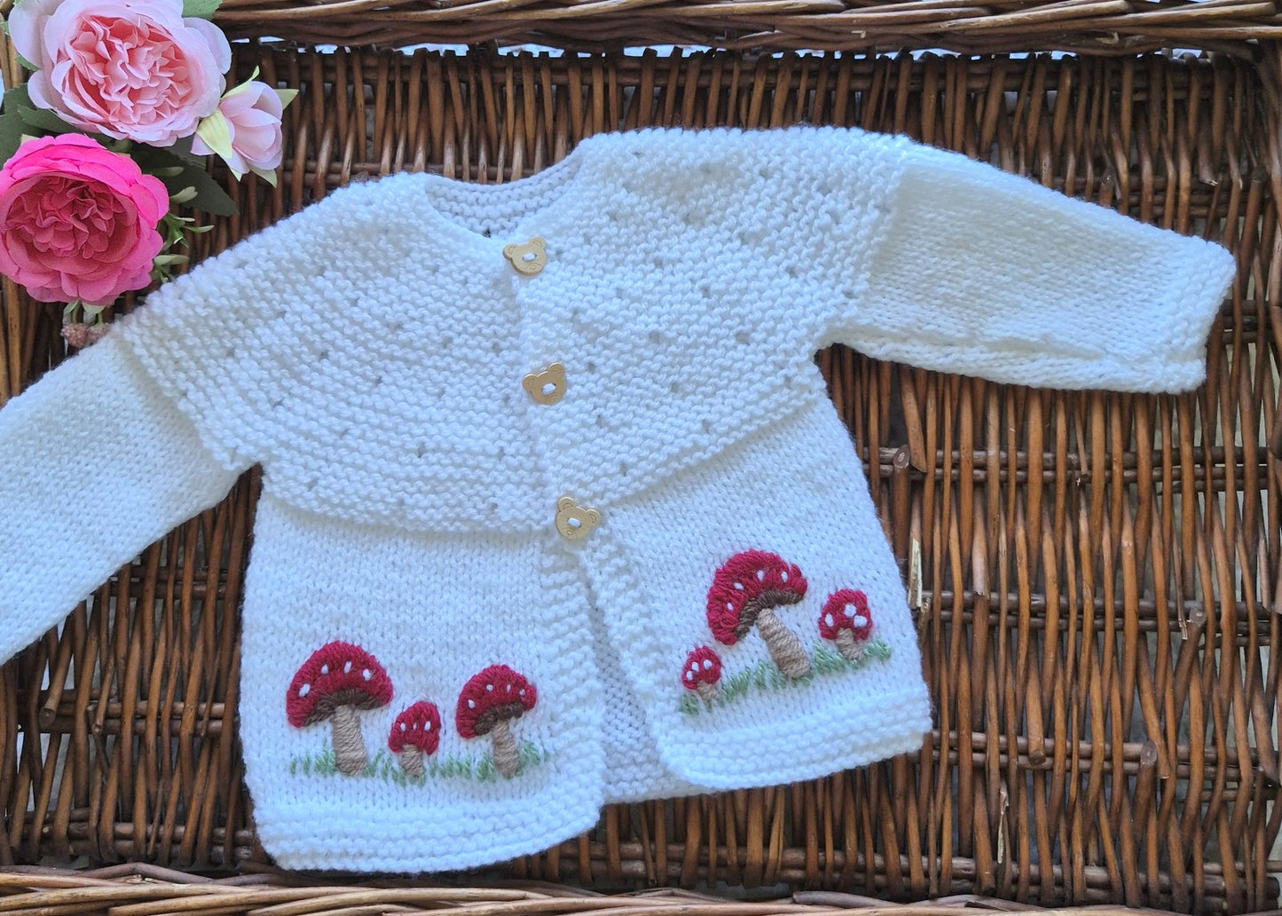 0-6 months Handmade Knitted White Baby Cardigan with Embroidered Toadstools  (Ready to Send) Baby shower gift