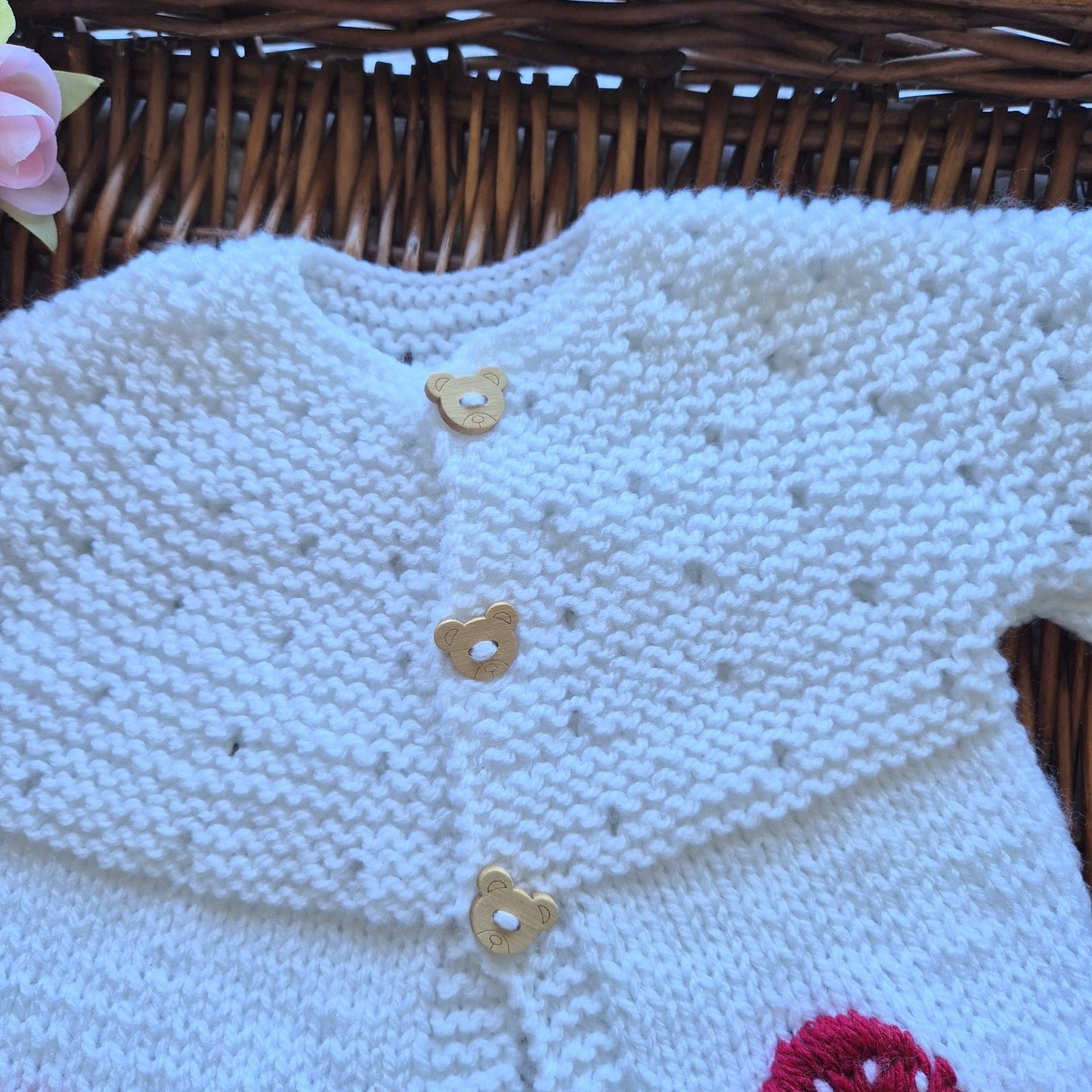 0-6 months Handmade Knitted White Baby Cardigan with Embroidered Toadstools  (Ready to Send) Baby shower gift