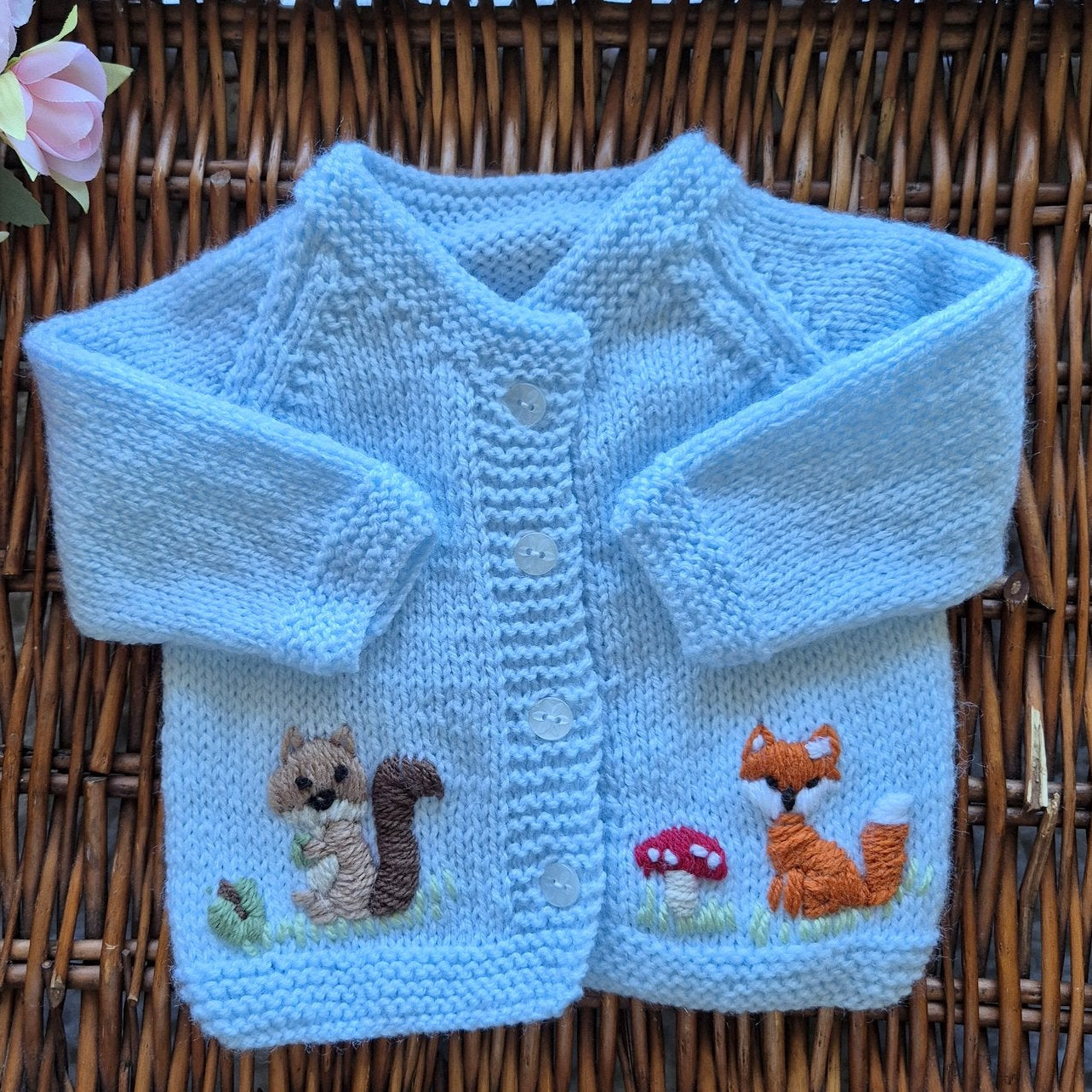 0-3 months Handmade Knitted Blue Baby Cardigan with Embroidered Fox and Squirrel (Ready to Send) Baby shower gift