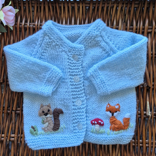 0-3 months Handmade Knitted Blue Baby Cardigan with Embroidered Fox and Squirrel (Ready to Send) Baby shower gift