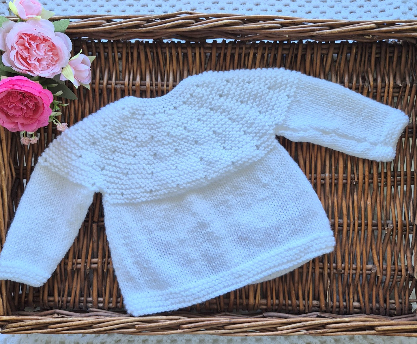 0-6 months Handmade Knitted White Baby Cardigan with Embroidered Toadstools  (Ready to Send) Baby shower gift