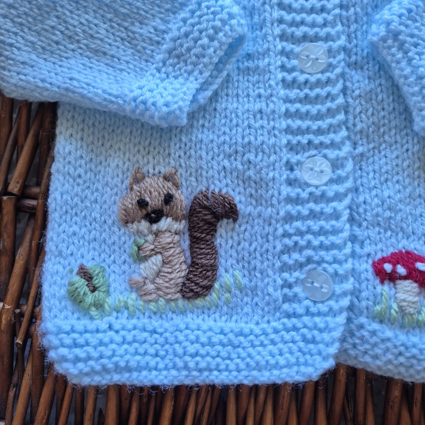 0-3 months Handmade Knitted Blue Baby Cardigan with Embroidered Fox and Squirrel (Ready to Send) Baby shower gift