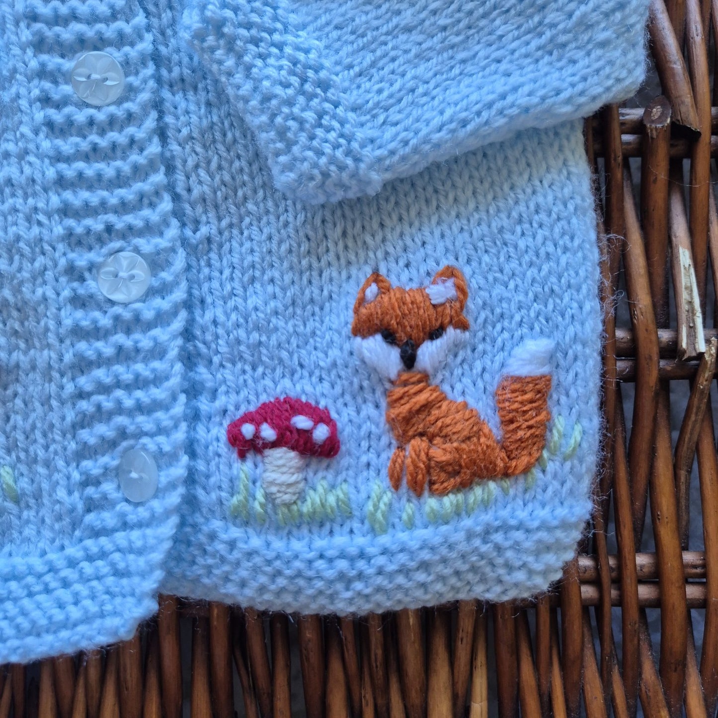 0-3 months Handmade Knitted Blue Baby Cardigan with Embroidered Fox and Squirrel (Ready to Send) Baby shower gift
