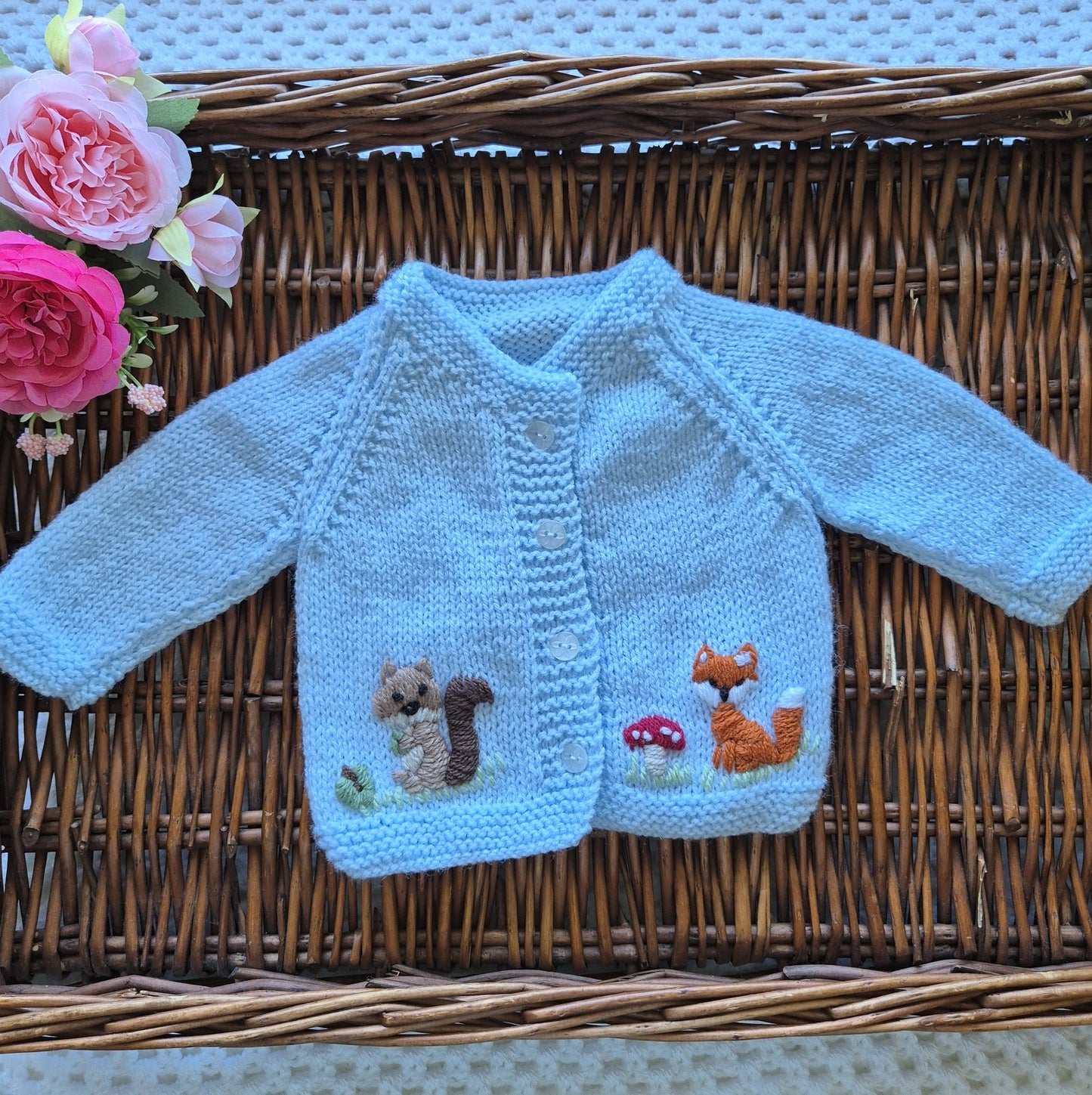 0-3 months Handmade Knitted Blue Baby Cardigan with Embroidered Fox and Squirrel (Ready to Send) Baby shower gift