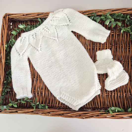 Handknit White Baby Romper and Bootie set with leaf pattern 0-3 months (Ready to Send)