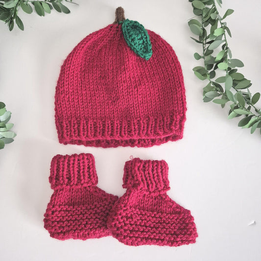 Knitted Red apple hat and matching bootie socks for babies
