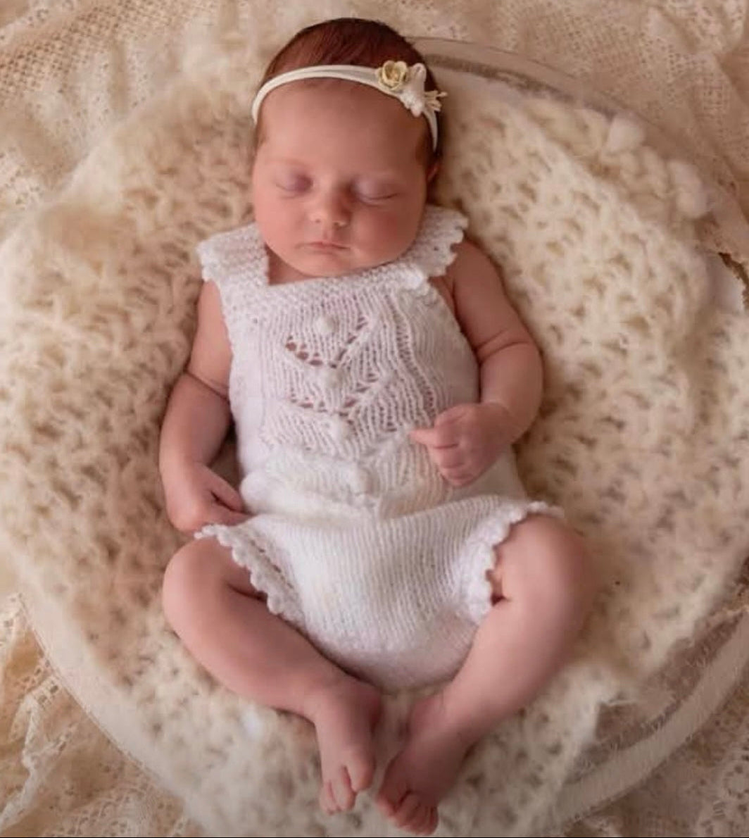 Knitted Baby Girl Sleeveless Romper with a Lace Bubble Pattern. Newborn Photo Prop or 0-3 months  (Made to order) MORE COLOURS!